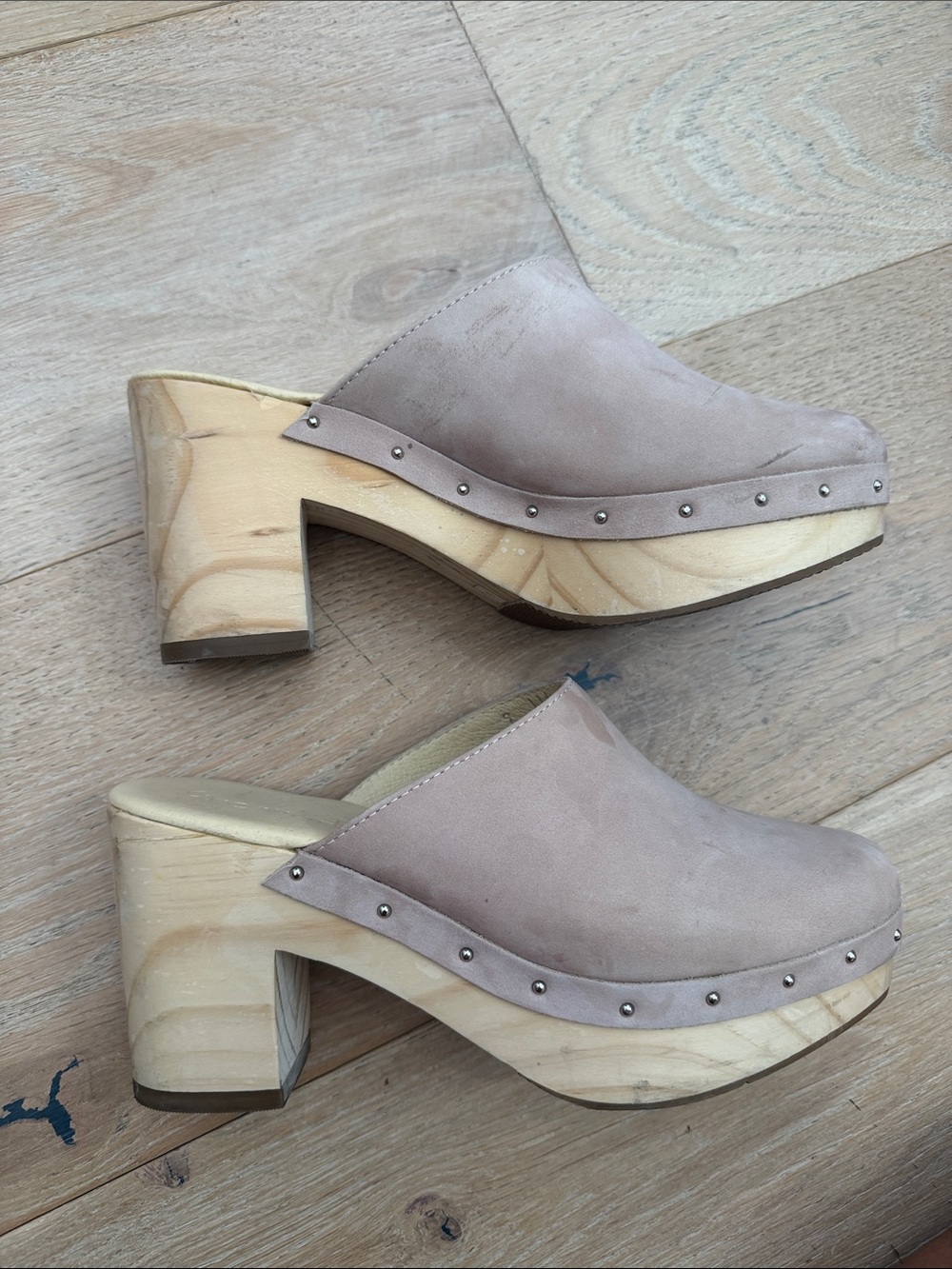 Women’s Taupe Suede Studded Clog Mules - Slip-On Block Heel